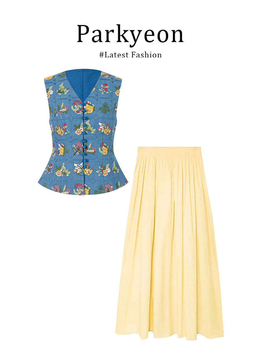 Embroidery Yellow - Parkyeon Retro Heavy Embroidery Flower Vest