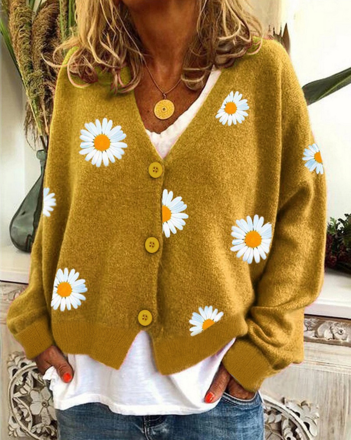 Embroidery Yellow - Women's Mustard Yellow Daisy Embroidered V-Neck