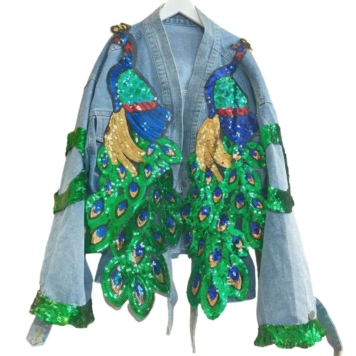 Embroidery Jeans Sakura - Women V-neck 3D Peacock Sequined Embroidery