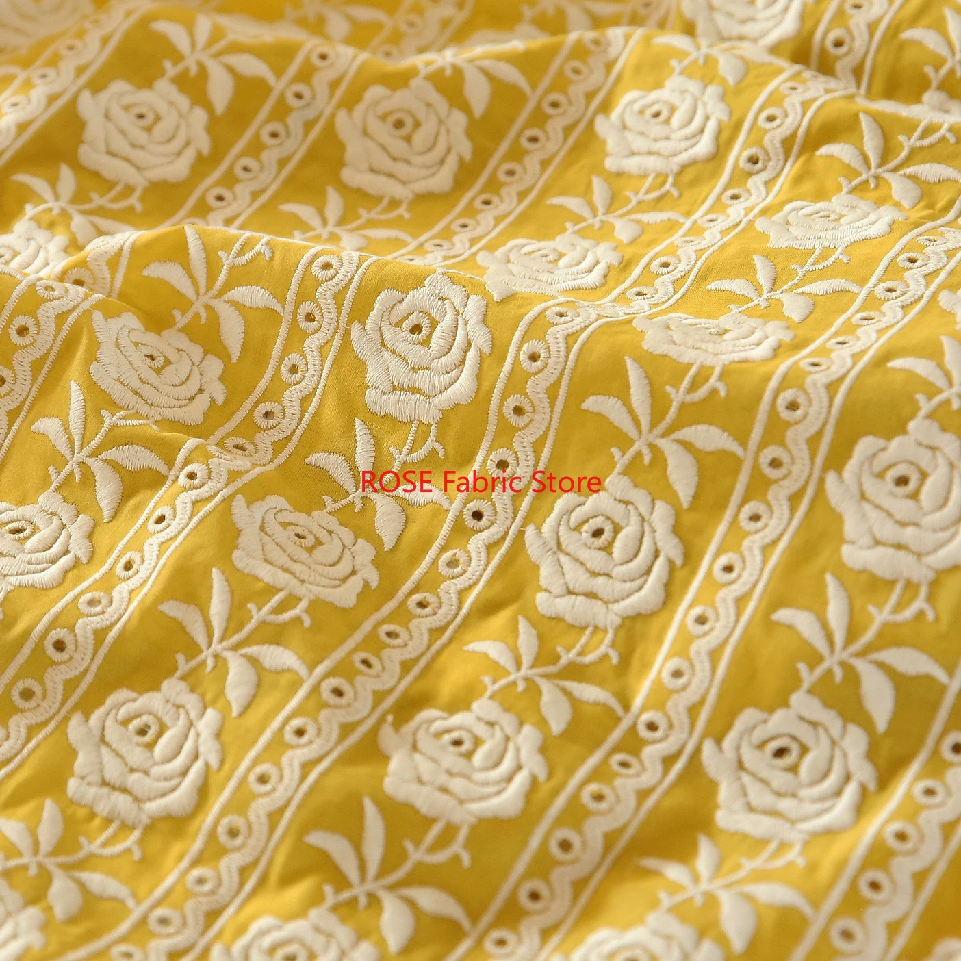 Embroidery Yellow - French Cotton Yellow Rose Heavy Embroidery