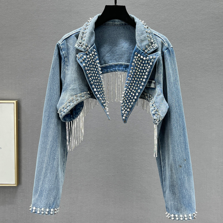 Embroidery Jeans Sakura - Rhinestone Beaded Tassels Rivets Denim Jacket