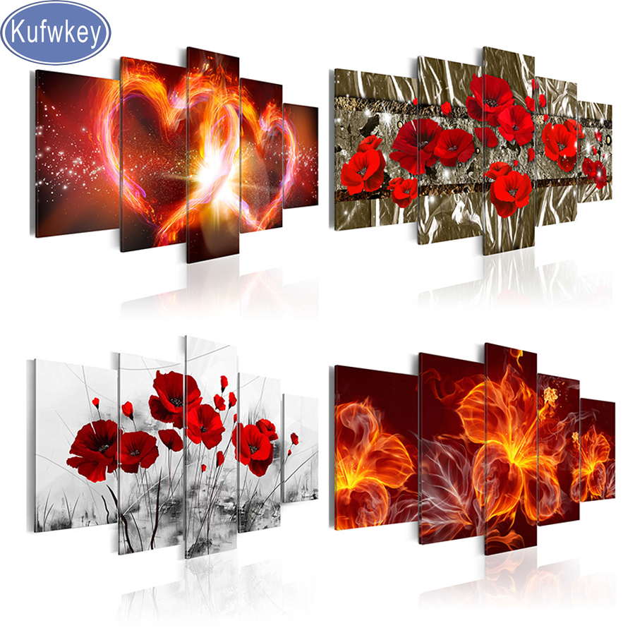 Embroidery Rose Stitch - Red Flora diamond painting 5 Panel