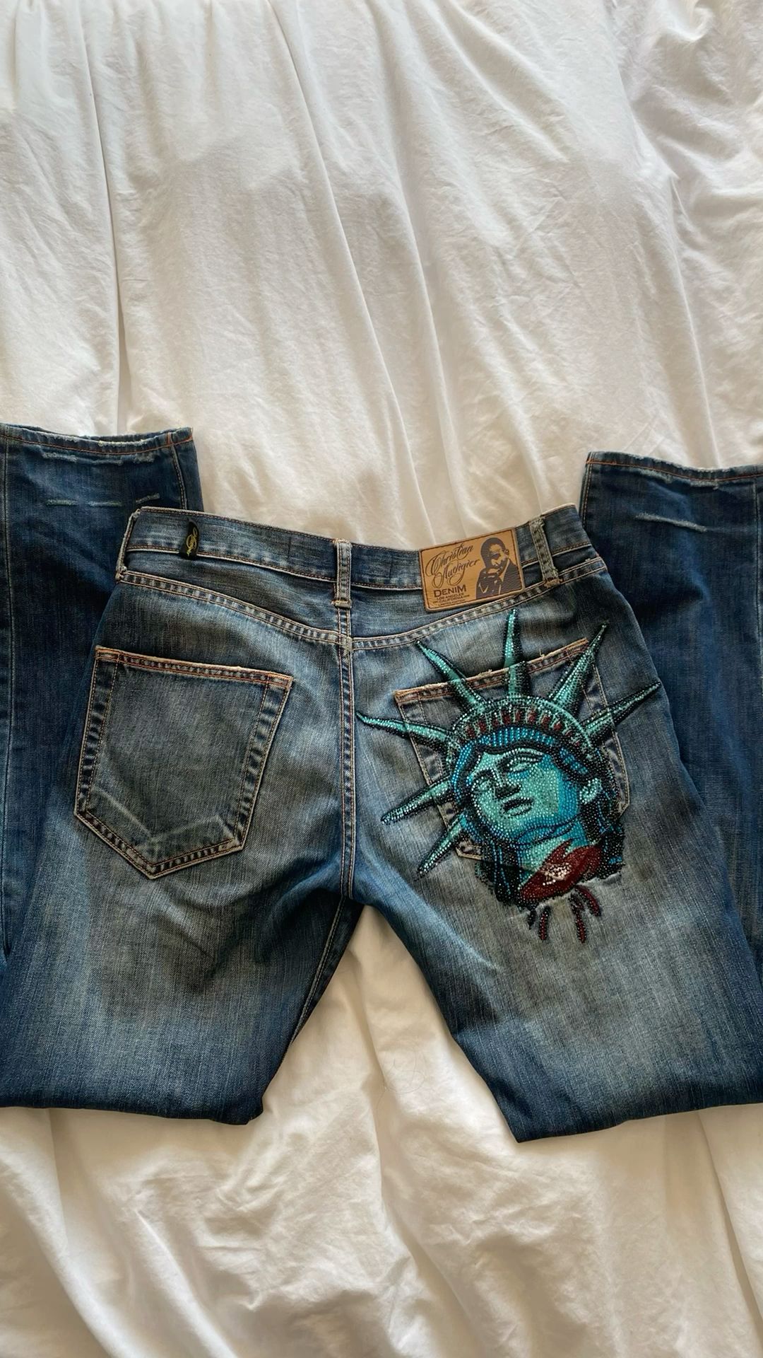 Y2k 2000s Statue of liberty Di - مراجعة Embroidery Jeans Sakura وسعره