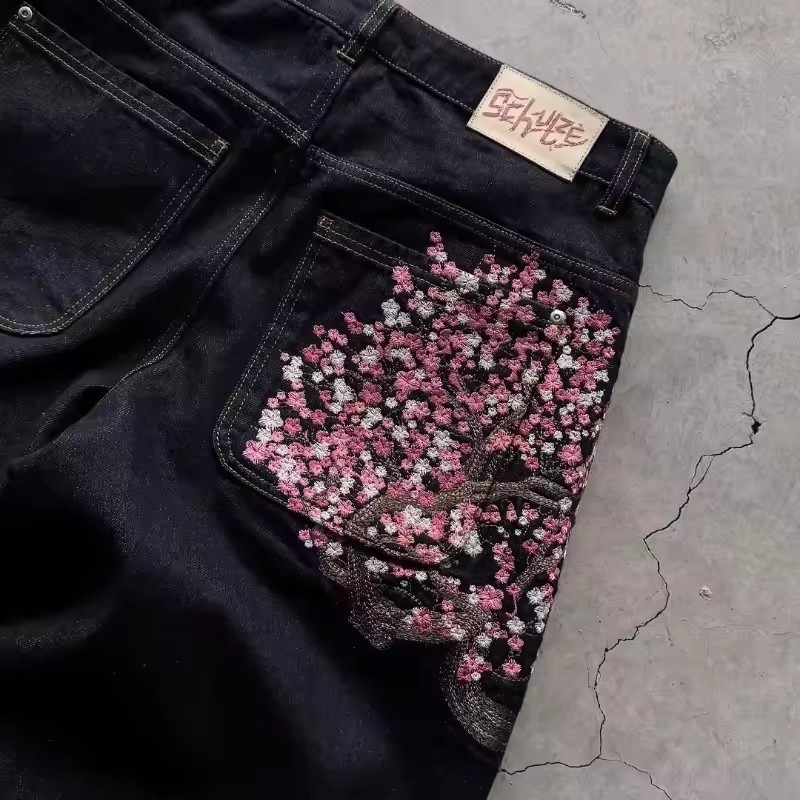 Y2K Mens Womens Harajuku Hip H - مراجعة Embroidery Jeans Sakura وسعره