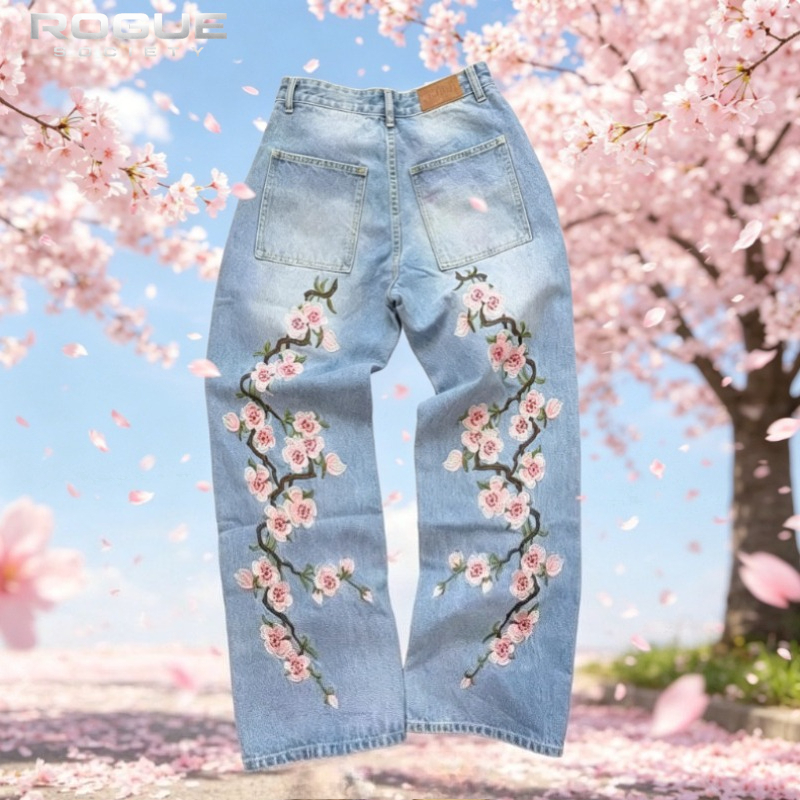 New Y2K American Retro Sakura  - مراجعة Embroidery Jeans Sakura وسعره