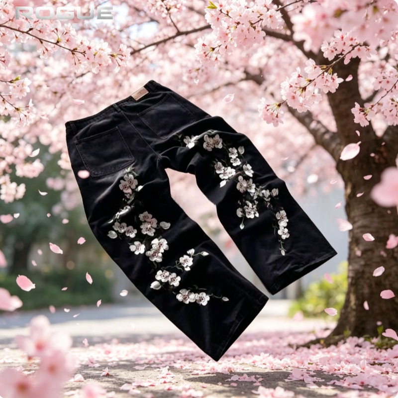 New Y2K American Retro Sakura  - مراجعة Embroidery Jeans Sakura وسعره
