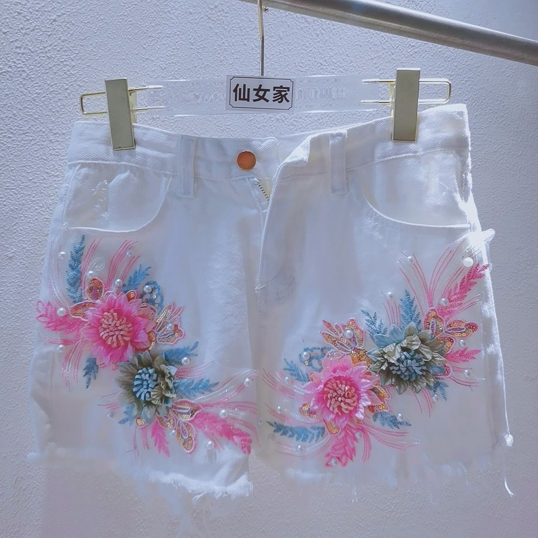 Korean Fashion Women Summer De - مراجعة Embroidery Jeans Sakura وسعره