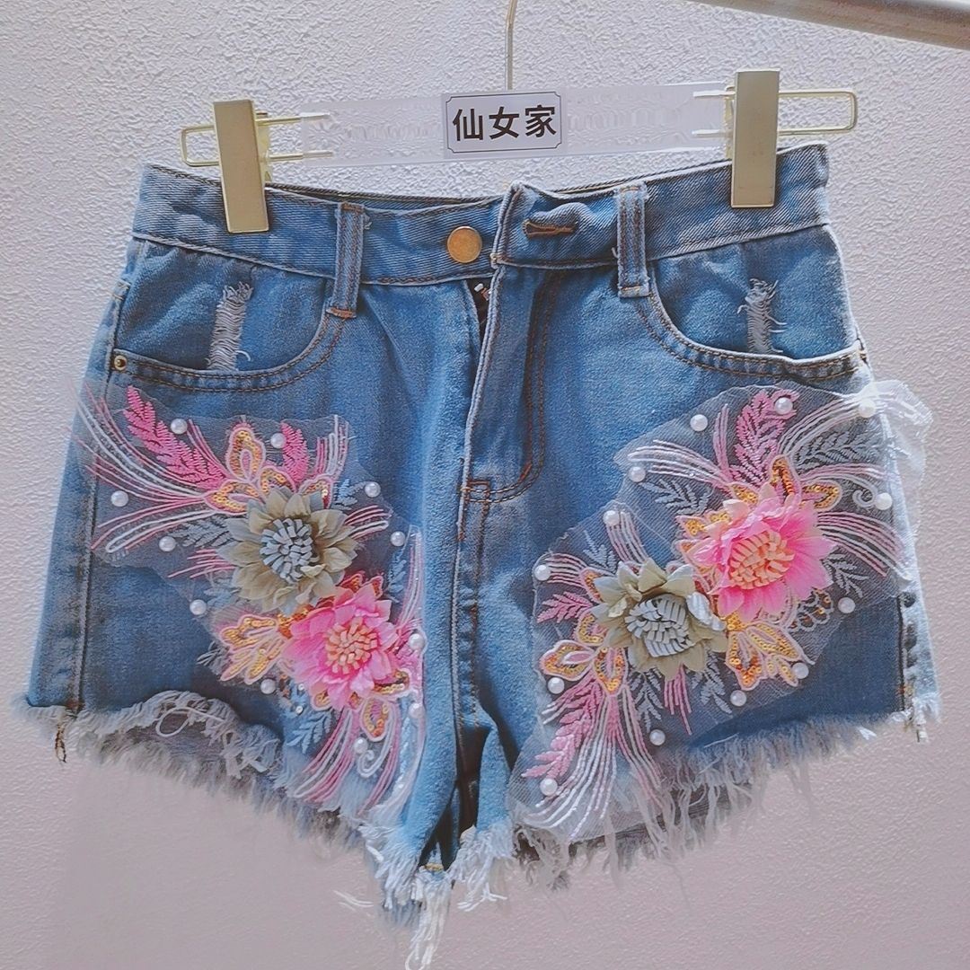 Korean Fashion Women Summer De - مراجعة Embroidery Jeans Sakura وسعره