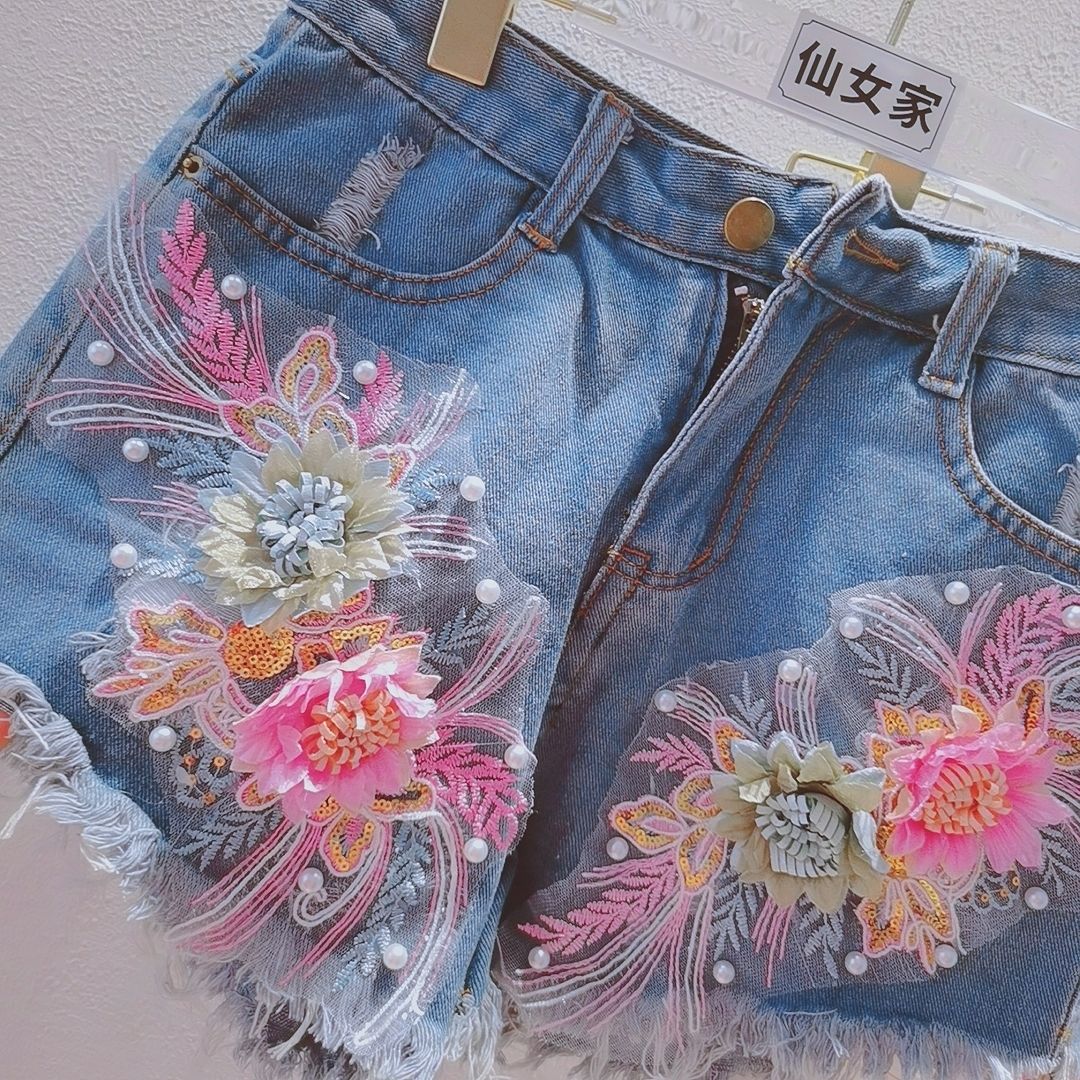 Korean Fashion Women Summer De - مراجعة Embroidery Jeans Sakura وسعره