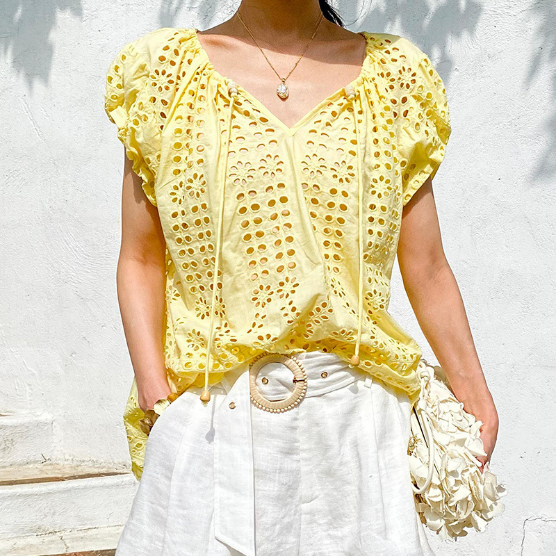 French Style Elegant Chic Blou - مراجعة Embroidery Yellow وسعره