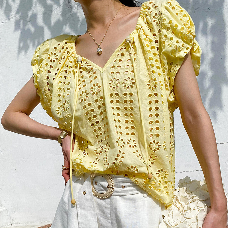 French Style Elegant Chic Blou - مراجعة Embroidery Yellow وسعره