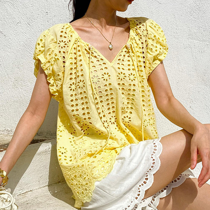 French Style Elegant Chic Blou - مراجعة Embroidery Yellow وسعره