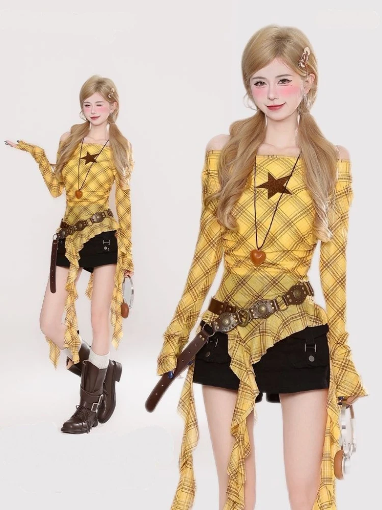 Y2K Plaid Slash Neck Vintage T - مراجعة Embroidery Fashion وسعره