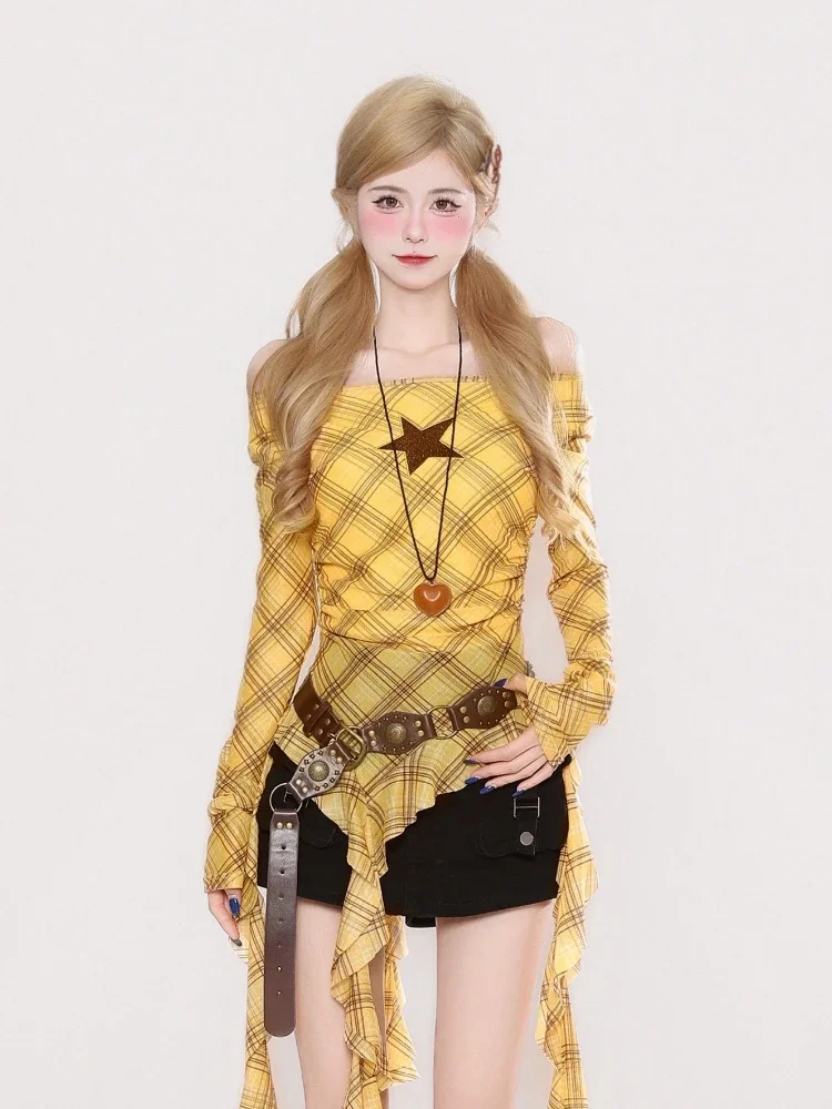 Y2K Plaid Slash Neck Vintage T - مراجعة Embroidery Fashion وسعره