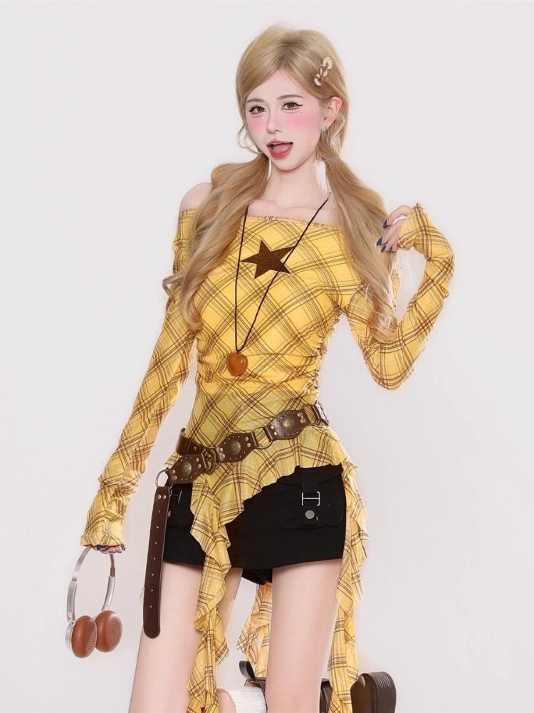 Y2K Plaid Slash Neck Vintage T - مراجعة Embroidery Fashion وسعره