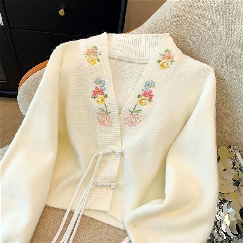Cardigan Women V-neck New Chin - مراجعة Embroidery Thread Yarn وسعره