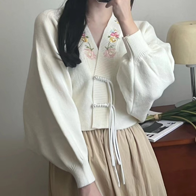 Cardigan Women V-neck New Chin - مراجعة Embroidery Thread Yarn وسعره
