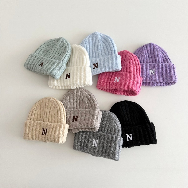 Korean Style Kids Knit Beanie  - مراجعة Embroidery Letter N وسعره