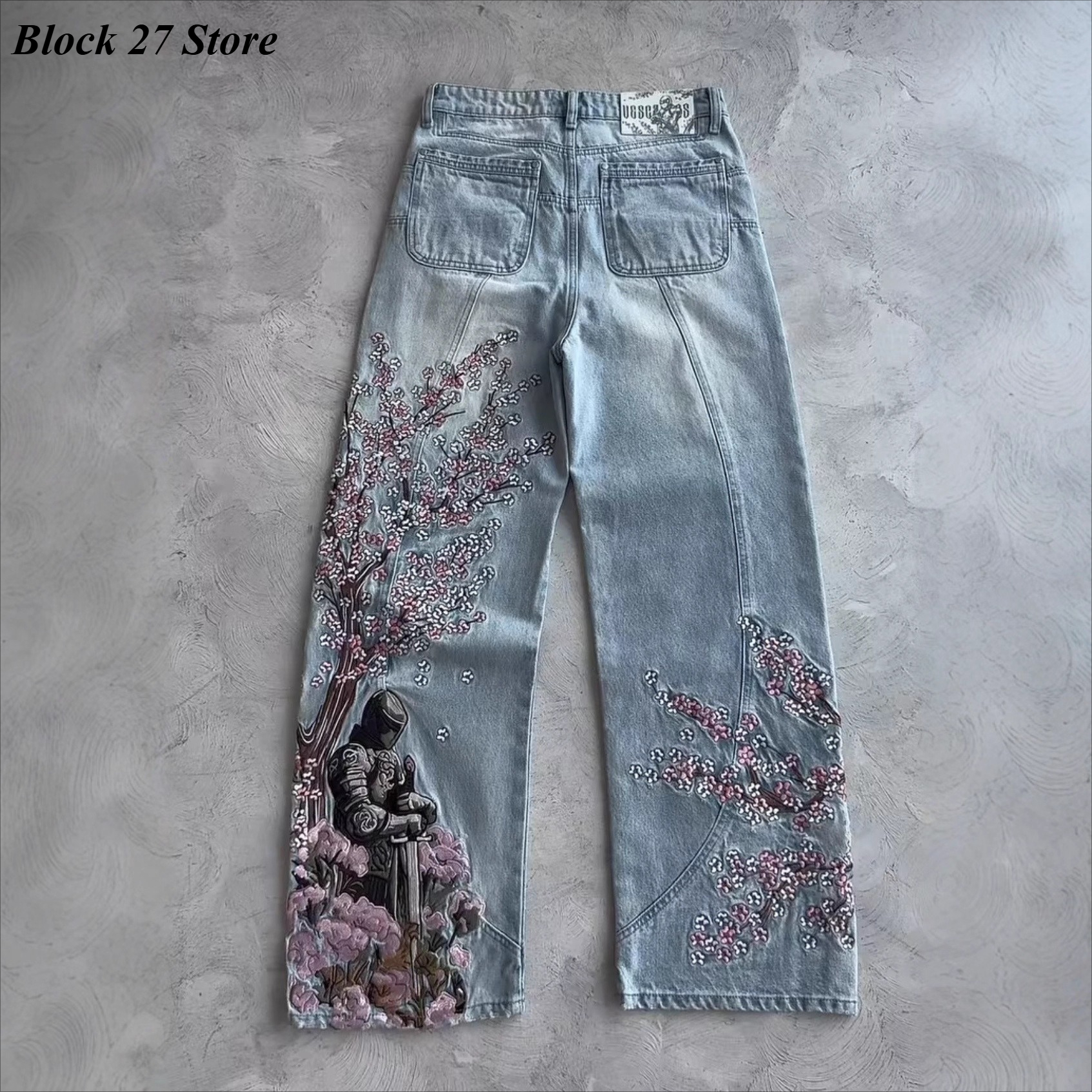 Mens Jeans Y2K Vintage Streetw - مراجعة Embroidery Jeans Sakura وسعره
