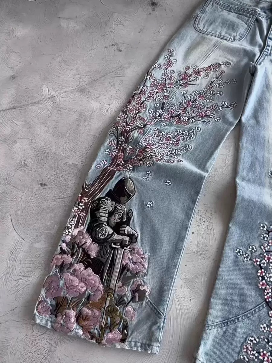 Mens Jeans Y2K Vintage Streetw - مراجعة Embroidery Jeans Sakura وسعره