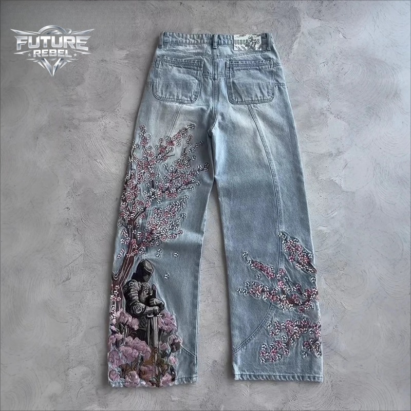 Mens Jeans Vintage Y2K Streetw - مراجعة Embroidery Jeans Sakura وسعره