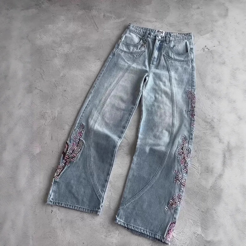 Mens Jeans Vintage Y2K Streetw - مراجعة Embroidery Jeans Sakura وسعره